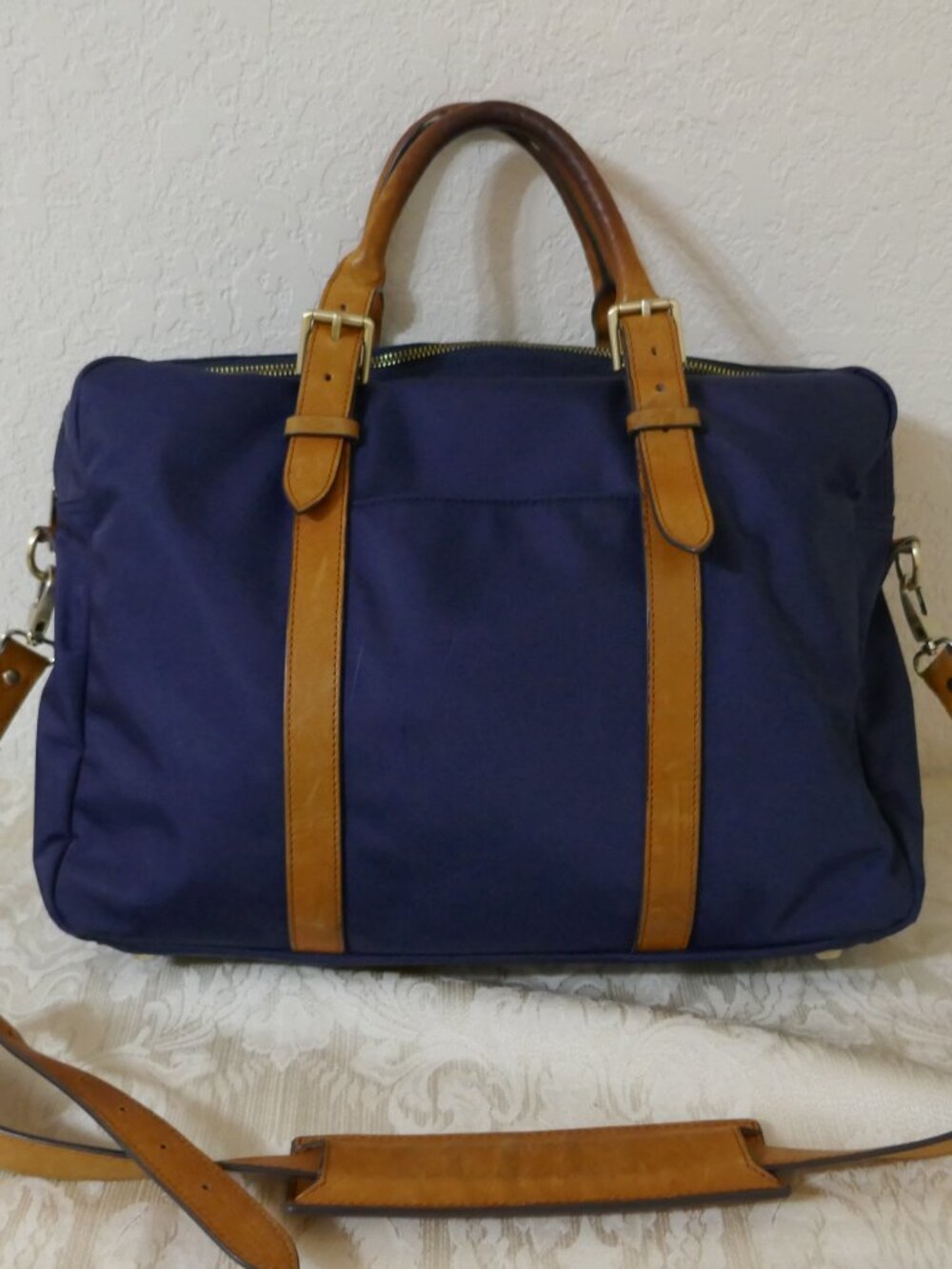 STUART O LAU The Cary Blue Nylon Briefcase Tan Leather Trim Laptop Bag